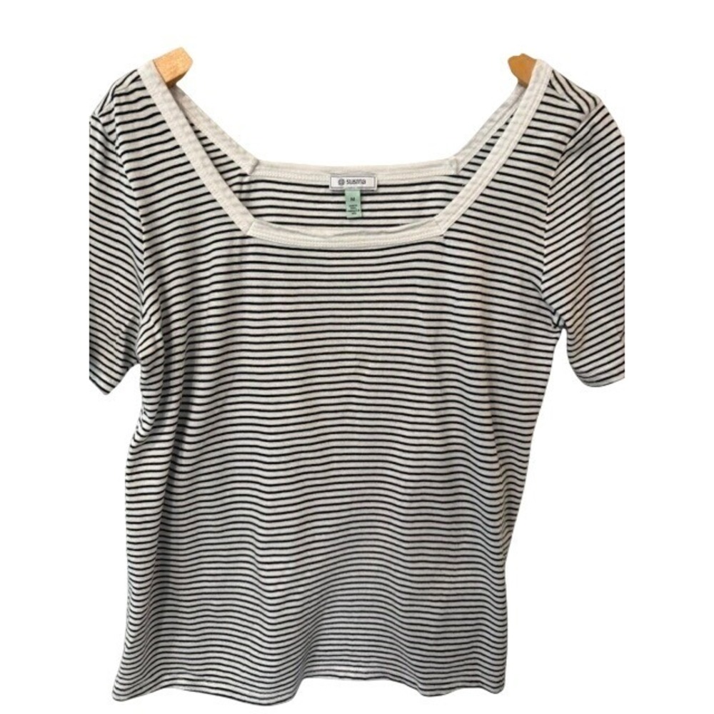 Susina Women Black White Striped Scoop Neck Short Sleeve T-Shirt Size Medium